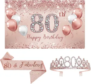 Trgowaul 80th Birthday Decorations for Women, Rose Gold 80th Birthday Backdrop Banner, 80 & Fabulous Sash, 80th Birthday Tiara Crown, Pink Party Supplies, Happy 80 Year Old Birthday Ideas Favor