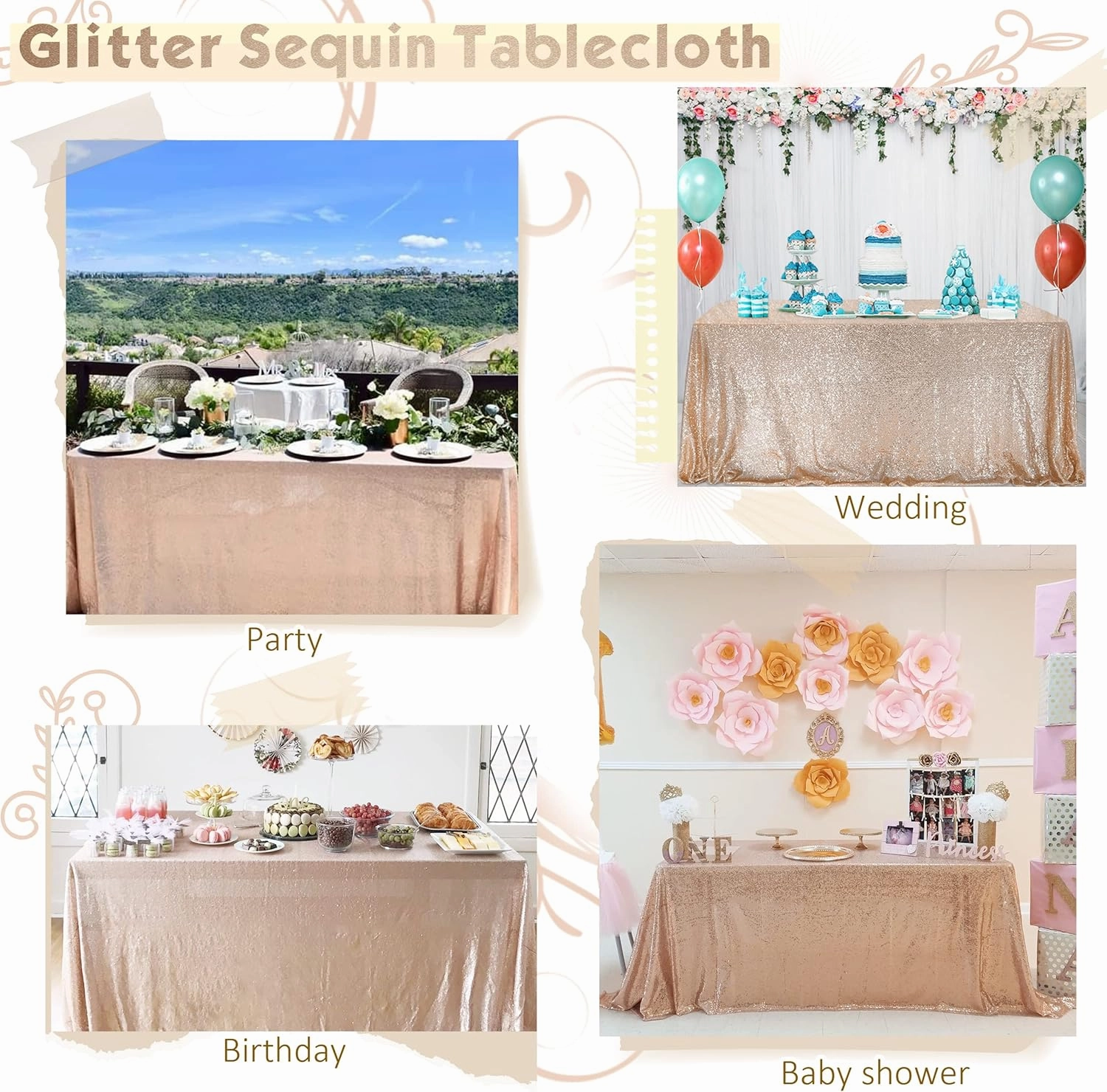 Trlyc Champagne Sequin Tablecloth - 60x120inch Glitter Tablecloth Rectangle Party Wedding Christmas Table Cloth