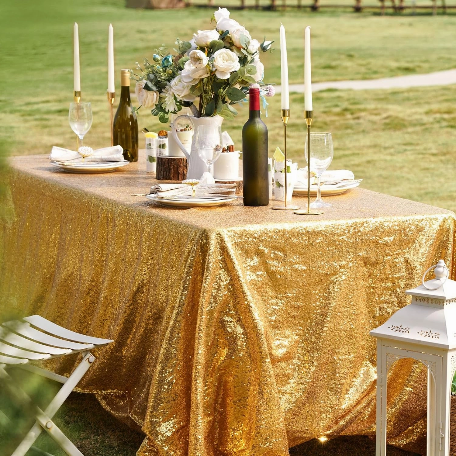 Trlyc Gold Sequin Tablecloth - 60x120inch Glitter Tablecloth Rectangle Party Wedding Christmas Table Cloth