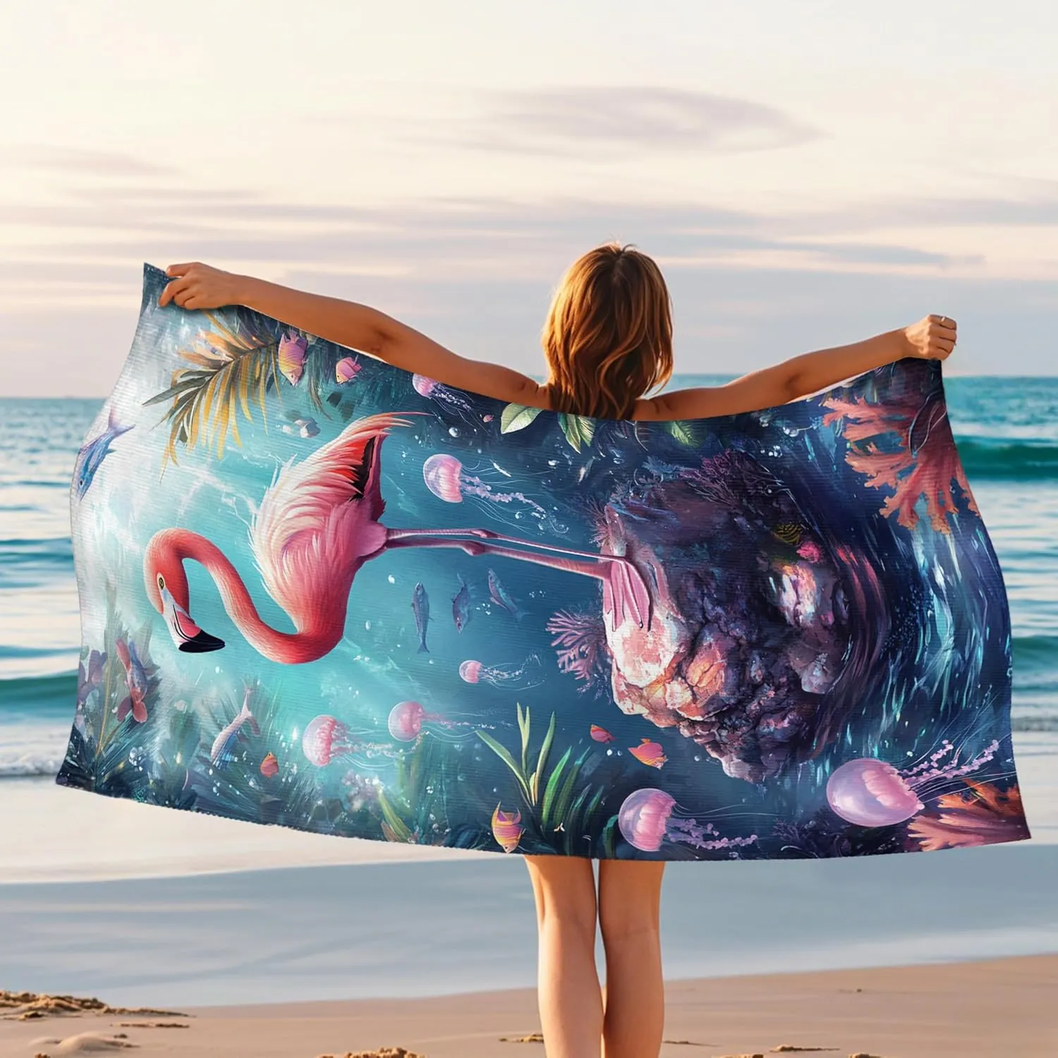 Tropical Tropical Bird Microfiber Beach Towel Peach Vibrant Bird Bath Towel, Quick Dry Absorbent Soft Sand Free Lightweight Beach Blanket, Vacation Pool Gym Picnic Essentials 70x35 Inch