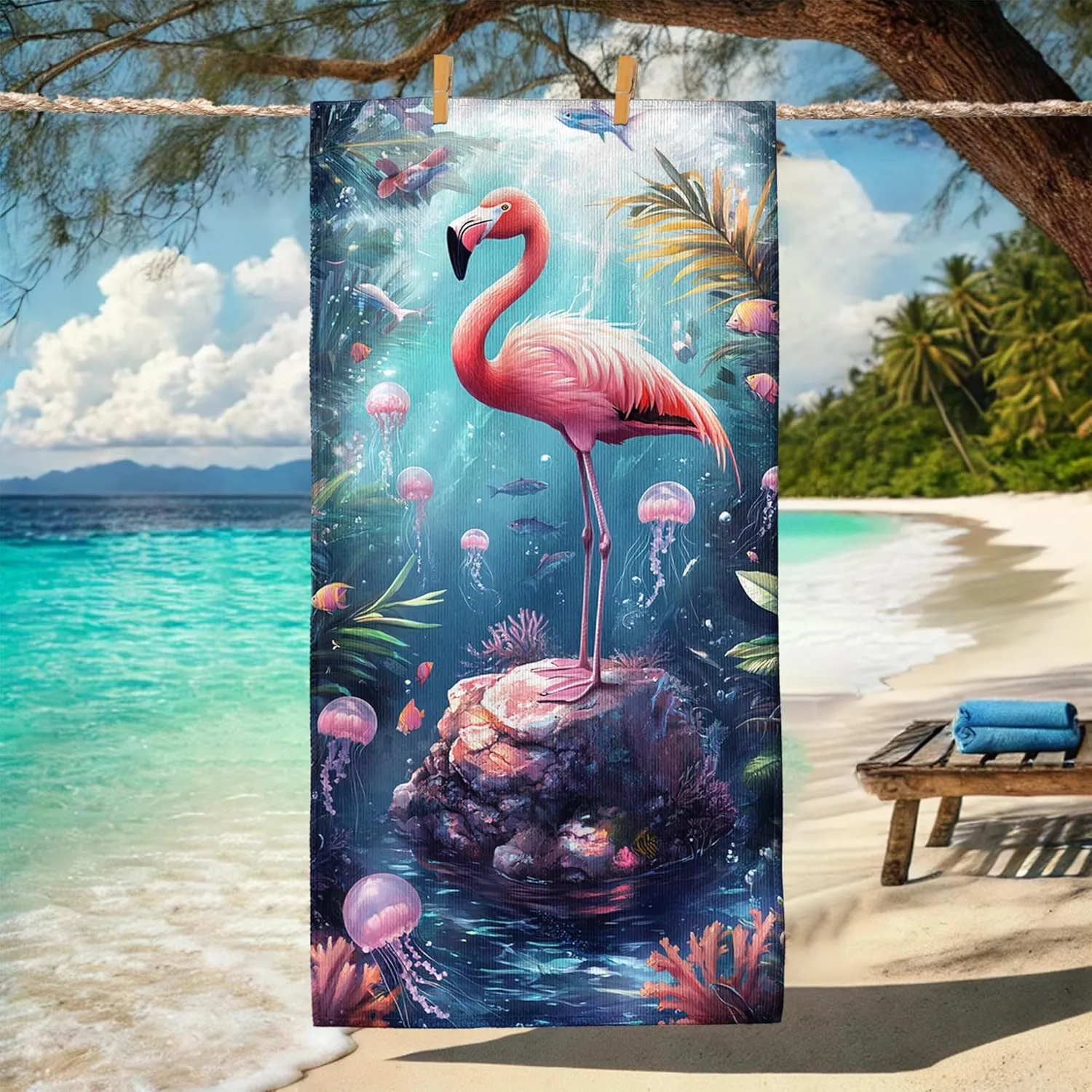 Tropical Tropical Bird Microfiber Beach Towel Peach Vibrant Bird Bath Towel, Quick Dry Absorbent Soft Sand Free Lightweight Beach Blanket, Vacation Pool Gym Picnic Essentials 70x35 Inch