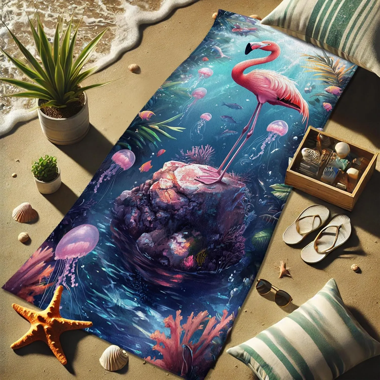 Tropical Tropical Bird Microfiber Beach Towel Peach Vibrant Bird Bath Towel, Quick Dry Absorbent Soft Sand Free Lightweight Beach Blanket, Vacation Pool Gym Picnic Essentials 70x35 Inch