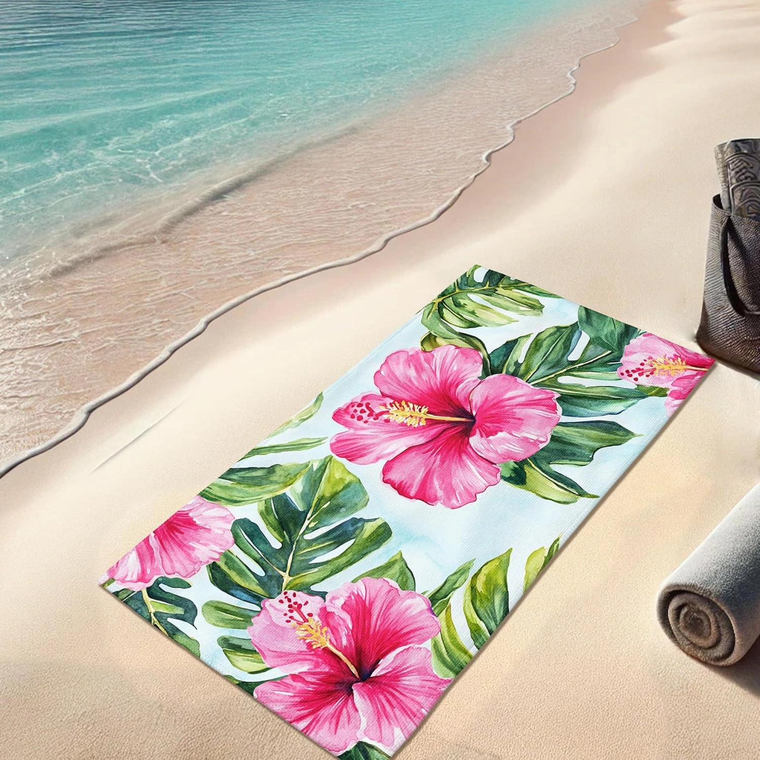 Tropical Floral Microfiber Beach Towel Extra Large Peach Hibiscus Design, Quick Dry Absorbent Soft Sand Free Lightweight Beach Blanket, Summer Vacation Pool Picnic Essentials 62x31 Inch