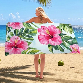 Tropical Floral Microfiber Beach Towel Extra Large Peach Hibiscus Design, Quick Dry Absorbent Soft Sand Free Lightweight Beach Blanket, Summer Vacation Pool Picnic Essentials 62x31 Inch