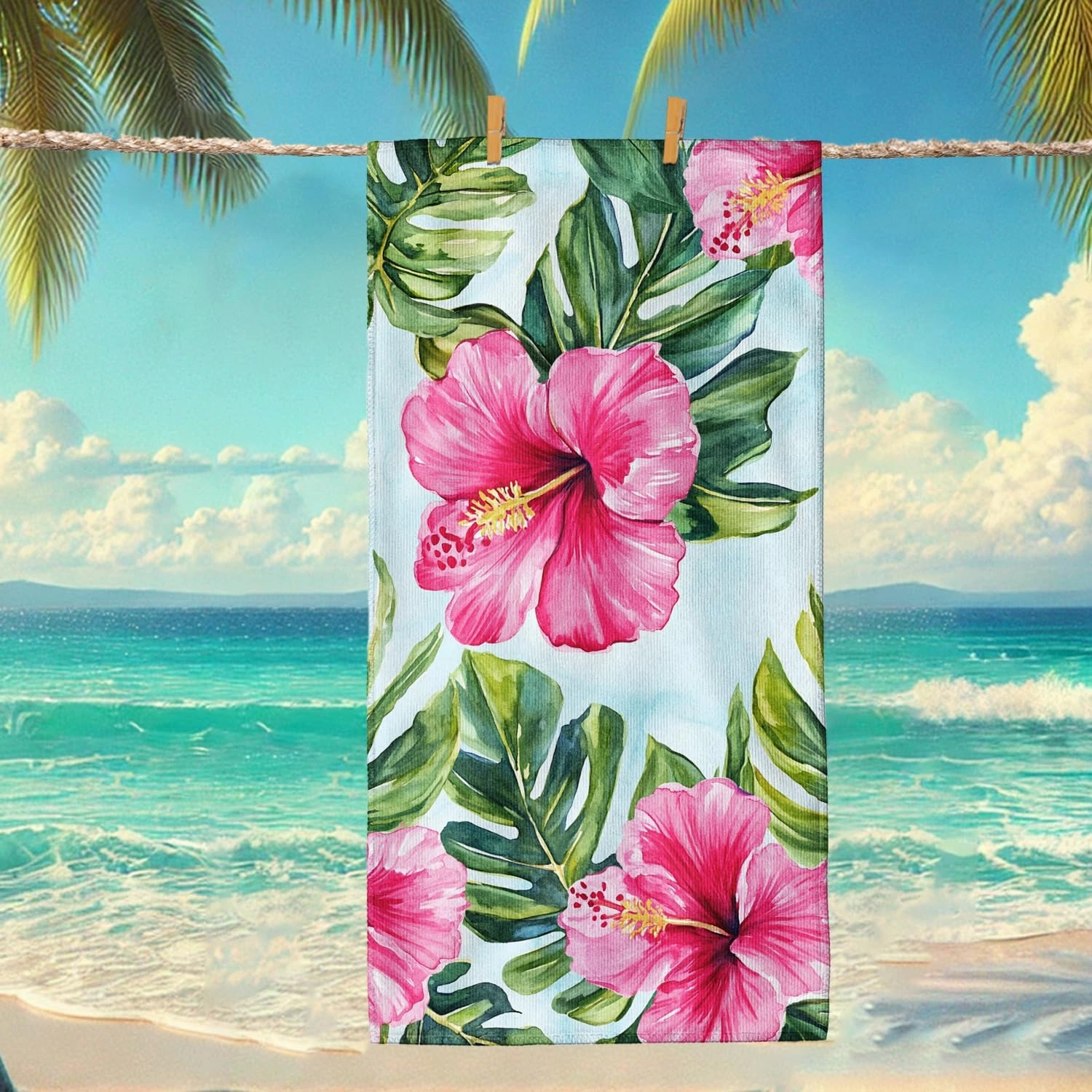 Tropical Floral Microfiber Beach Towel Extra Large Peach Hibiscus Design, Quick Dry Absorbent Soft Sand Free Lightweight Beach Blanket, Summer Vacation Pool Picnic Essentials 62x31 Inch