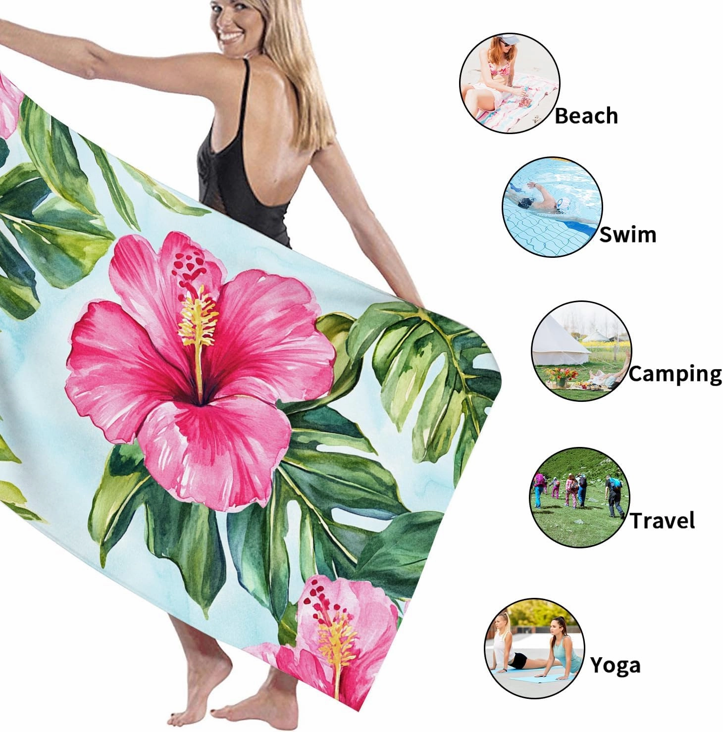 Tropical Floral Microfiber Beach Towel Extra Large Peach Hibiscus Design, Quick Dry Absorbent Soft Sand Free Lightweight Beach Blanket, Summer Vacation Pool Picnic Essentials 62x31 Inch