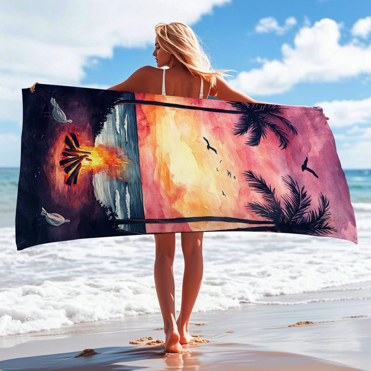 Tropical Sunset Beach Towel Peach Palm Trees Fire Pit, Quick Dry Absorbent Sand Free Soft Lightweight Beach Blanket, Vacation Pool Outdoor Essentials 62x31 Inch