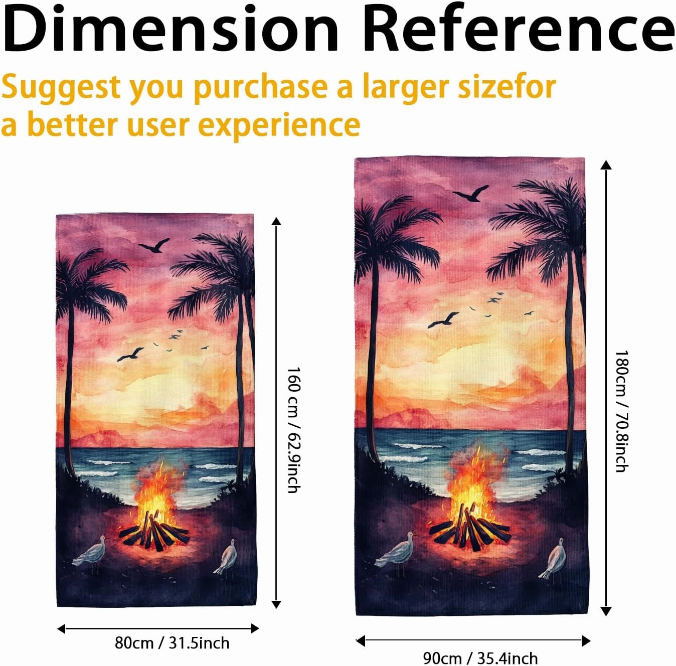 Tropical Sunset Beach Towel Peach Palm Trees Fire Pit, Quick Dry Absorbent Sand Free Soft Lightweight Beach Blanket, Vacation Pool Outdoor Essentials 62x31 Inch