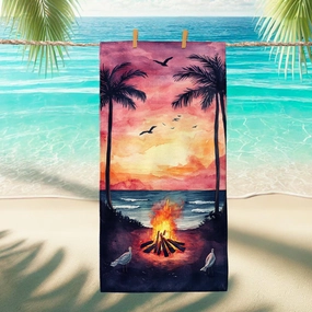 Tropical Sunset Beach Towel Peach Palm Trees Fire Pit, Quick Dry Absorbent Sand Free Soft Lightweight Beach Blanket, Vacation Pool Outdoor Essentials 62x31 Inch