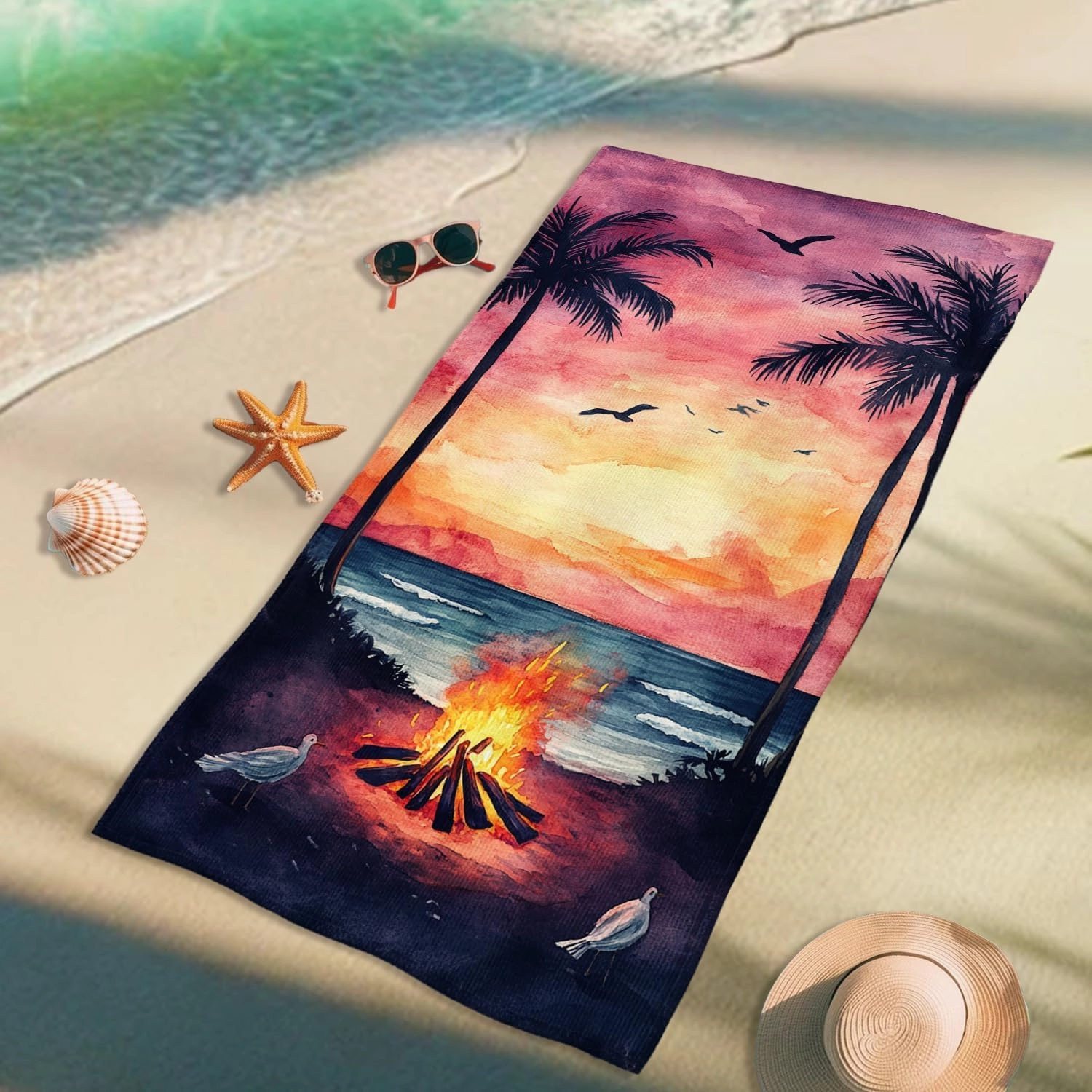 Tropical Sunset Beach Towel Peach Palm Trees Fire Pit, Quick Dry Absorbent Sand Free Soft Lightweight Beach Blanket, Vacation Pool Outdoor Essentials 62x31 Inch