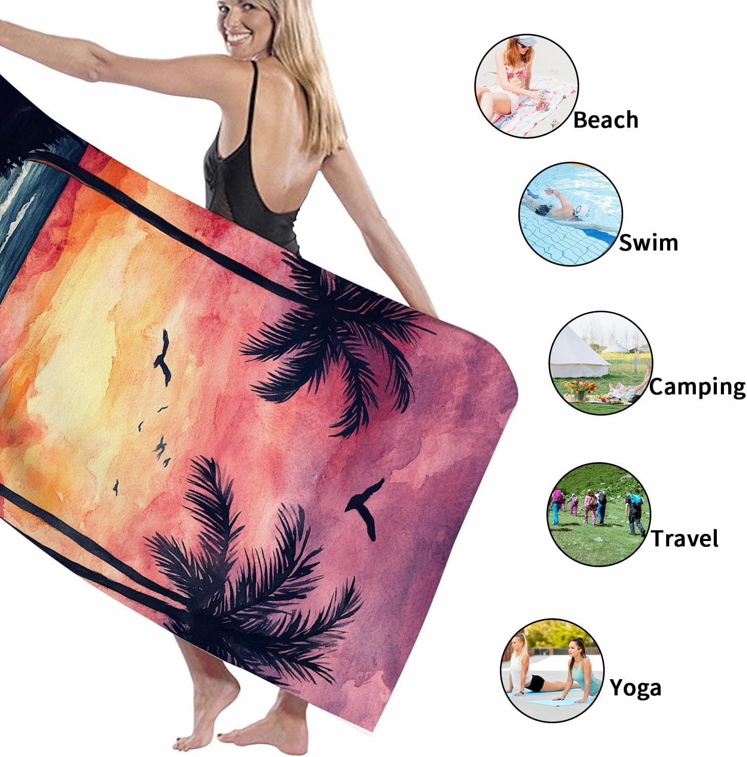 Tropical Sunset Beach Towel Peach Palm Trees Fire Pit, Quick Dry Absorbent Sand Free Soft Lightweight Beach Blanket, Vacation Pool Outdoor Essentials 62x31 Inch