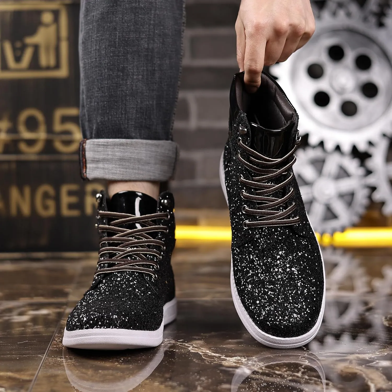 Trsorini Glitter Mens Shoes High Top Fashion Sparkly Sneakers Shiny Bling Sequin for Male