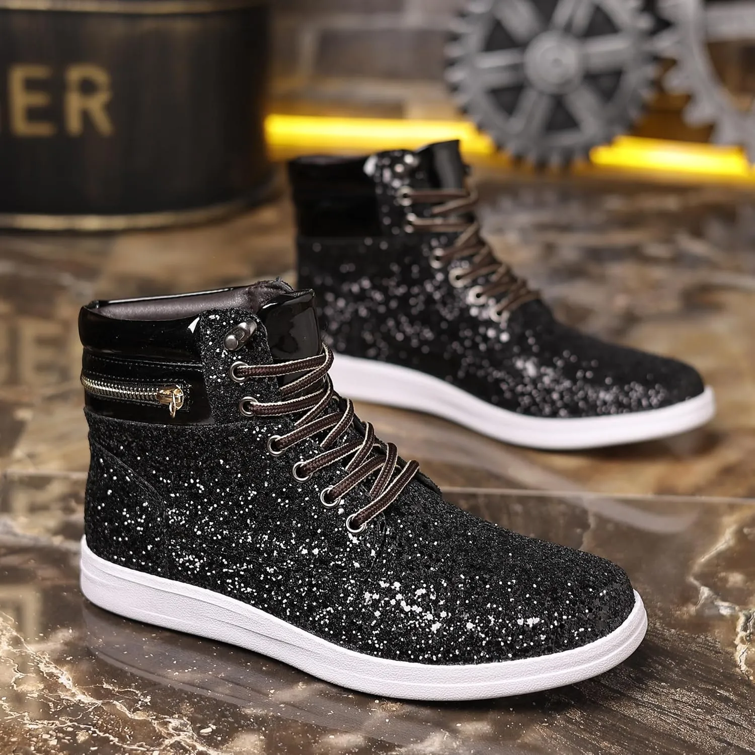 Trsorini Glitter Mens Shoes High Top Fashion Sparkly Sneakers Shiny Bling Sequin for Male