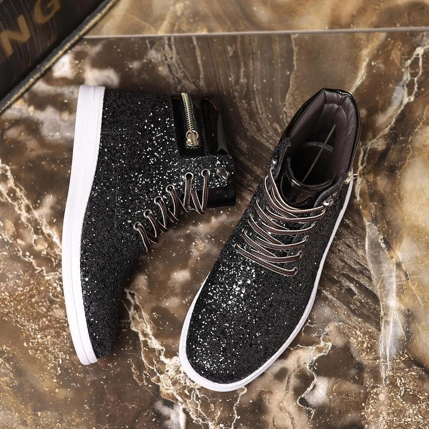 Trsorini Glitter Mens Shoes High Top Fashion Sparkly Sneakers Shiny Bling Sequin for Male