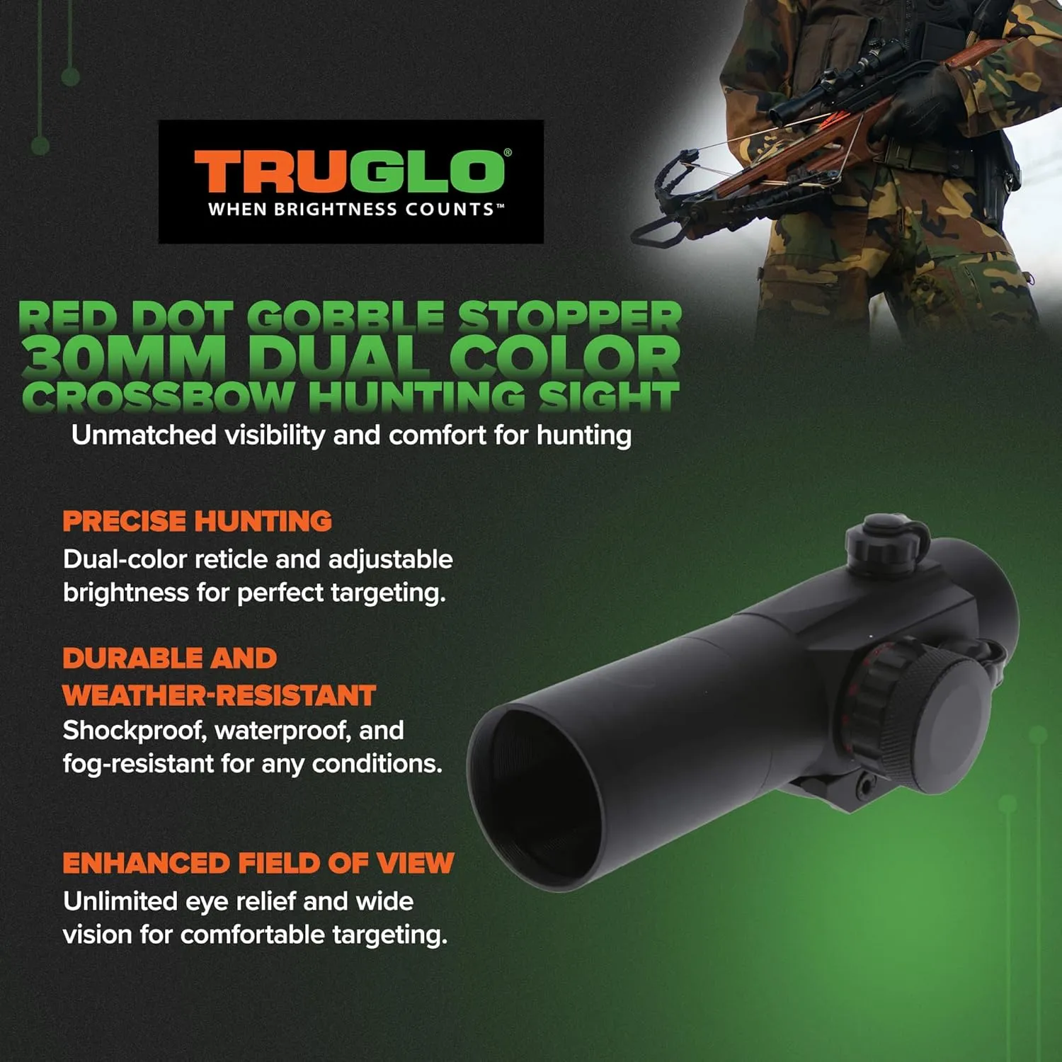 TRUGLO GOBBLE-STOPPER 30mm 3-MOA Turkey Hunting Dual-Color Center Dot Sights with Multi-Coated Lenses, Available in Anodized Matte Black or Realtree Finish