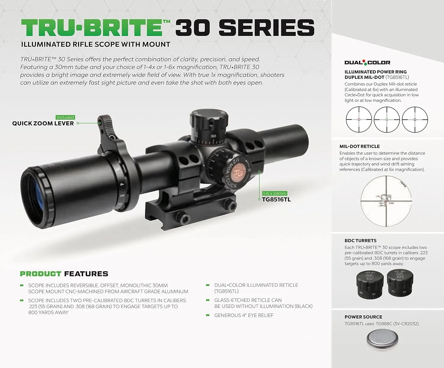 TRUGLO TRU-Brite 30 Series 1-6 X 24mm Dual-Color Illuminated Power Ring Duplex MIL-DOT Reticle Gun Scope with Mount, Matte Black, TG8516TL - Combos Available