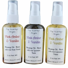 TSA Handmade All Natural Massage Body Oils, Romantic Pink Amber and Vanilla, Rose Petals, Lavender Buds, Calendula Flowers, Scented, Spa, Date Night, Woman, Men, Valentine's Day, Set of 3, 2 oz bottles