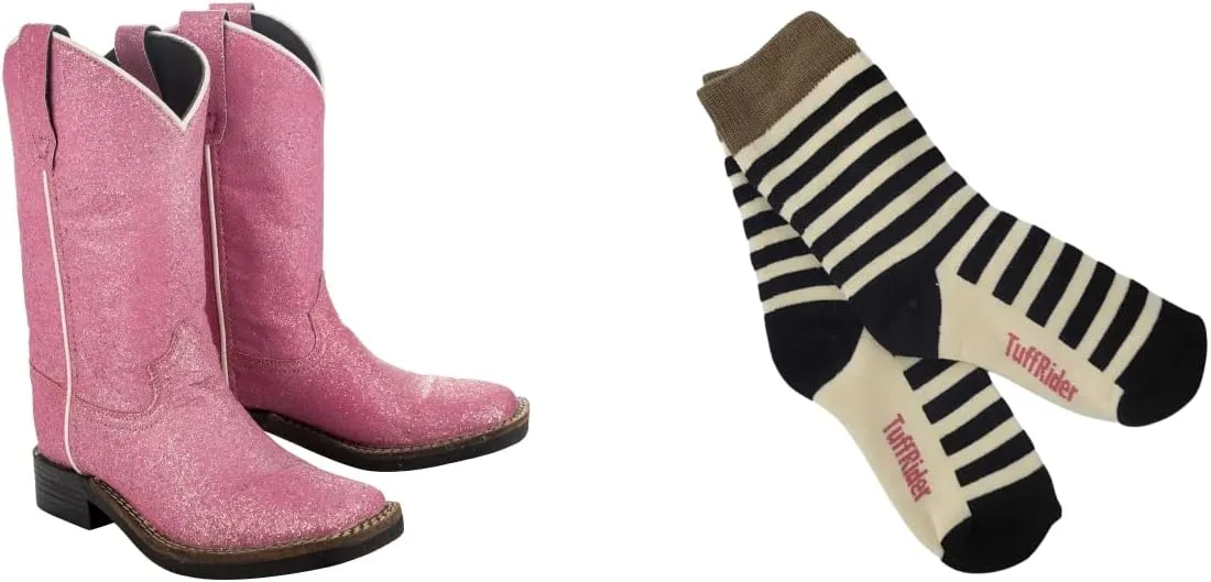 TuffRider Toddler Pink Glitter Western Boot- 4T- Pink With Free Assorted Striped Socks