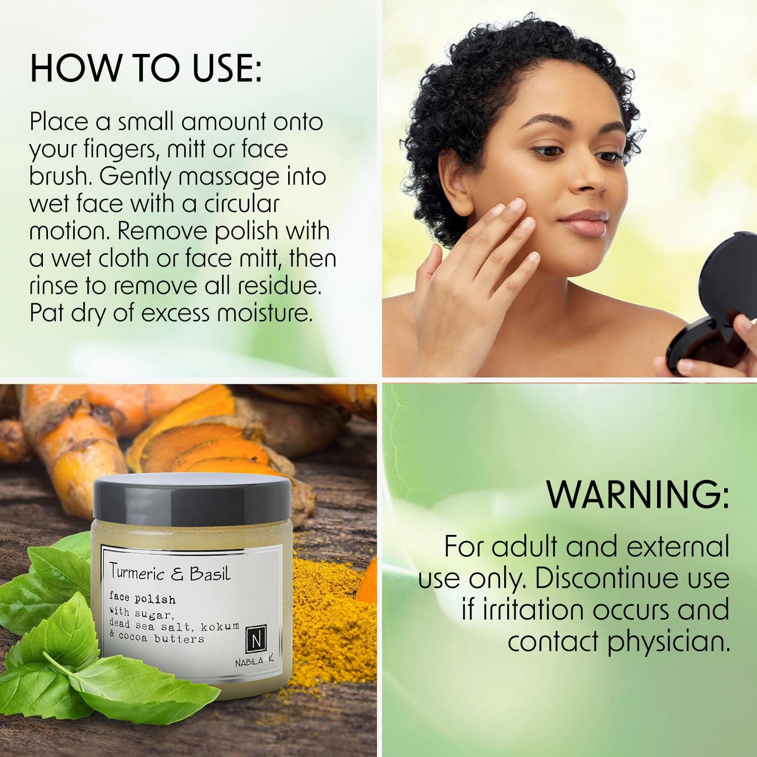 Turmeric & Basil Face Polish - Exfoliating Face Wash & Cleanser - For Acne & Dry Skin - Reduce Redness - Moisturizing & Nourishing Skin Care - Gentle for All Skin Types - Vegan - 5 oz
