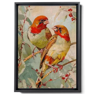Two Colorful Birds Are Perched On Top Of A Stem And Flowering Plants, In The Style Red And Emerald, Light Emerald And Red, Delicate Markings, Art For Living Room, Canvas Prints