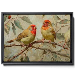 Two Colorful Birds Are Perched On Top Of A Stem And Flowering Plants, In The Style Red And Emerald, Light Emerald And Red, Delicate Markings, Art For Living Room, Canvas Prints