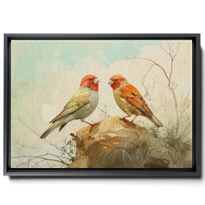 Two Colorful Birds Are Perched On Top Of A Stem And Flowering Plants, In The Style Red And Emerald, Light Emerald And Red, Delicate Markings, Art For Living Room, Decor Canvas