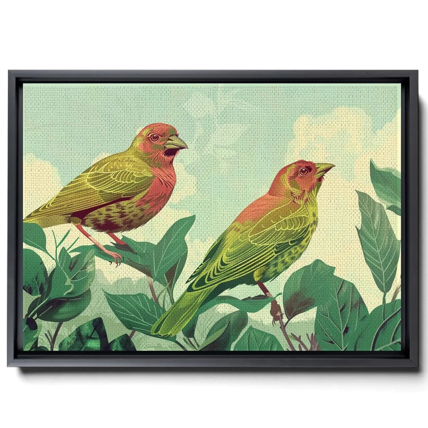 Two Colorful Birds Are Perched On Top Of A Stem And Flowering Plants, In The Style Red And Emerald, Light Emerald And Red, Delicate Markings, Boho Wall Art, Canvas Prints