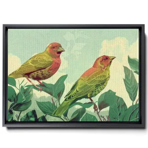 Two Colorful Birds Are Perched On Top Of A Stem And Flowering Plants, In The Style Red And Emerald, Light Emerald And Red, Delicate Markings, Boho Wall Art, Canvas Prints