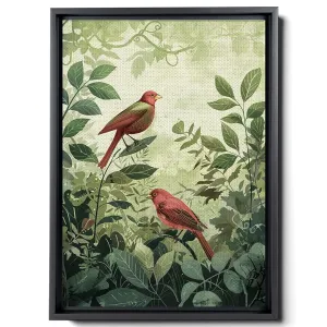 Two Colorful Birds Are Perched On Top Of A Stem And Flowering Plants, In The Style Red And Emerald, Light Emerald And Red, Delicate Markings, Boho Wall Art, Decor Canvas
