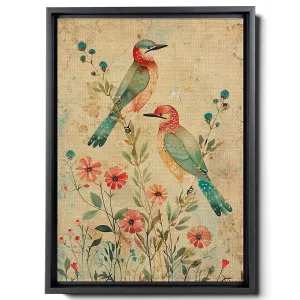 Two Colorful Birds Are Perched On Top Of A Stem And Flowering Plants, In The Style Red And Emerald, Light Emerald And Red, Delicate Markings, Bright Wall Art, Canvas Prints