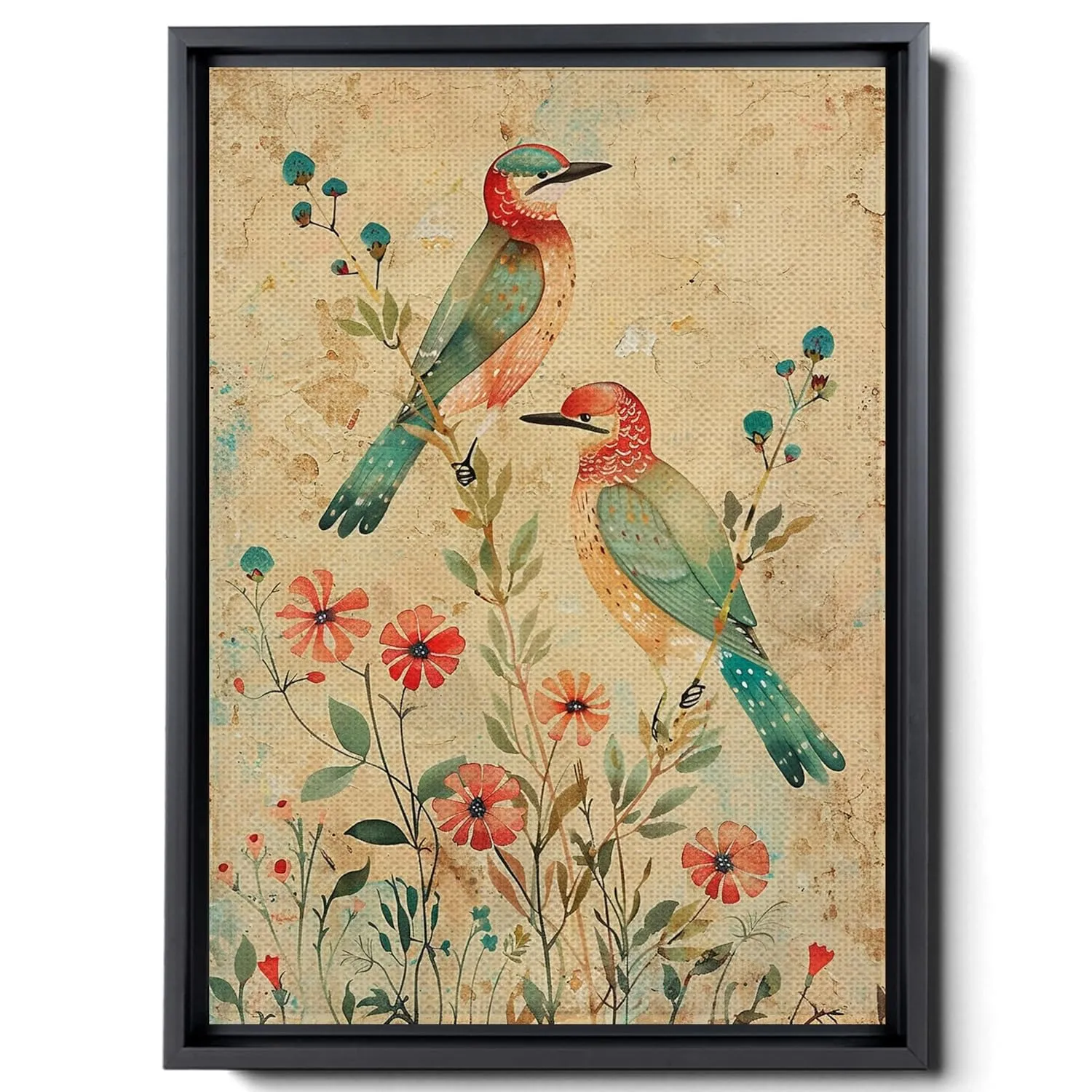 Two Colorful Birds Are Perched On Top Of A Stem And Flowering Plants, In The Style Red And Emerald, Light Emerald And Red, Delicate Markings, Bright Wall Art, Canvas Prints