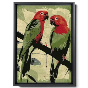 Two Colorful Birds Are Perched On Top Of A Stem And Flowering Plants, In The Style Red And Emerald, Light Emerald And Red, Delicate Markings, Nature Wall Art, Canvas Prints