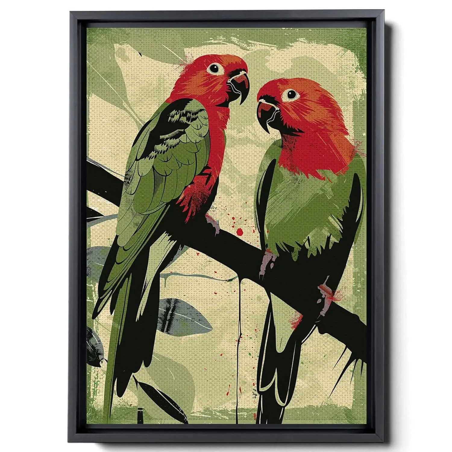 Two Colorful Birds Are Perched On Top Of A Stem And Flowering Plants, In The Style Red And Emerald, Light Emerald And Red, Delicate Markings, Nature Wall Art, Canvas Prints