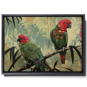 Two Colorful Birds Are Perched On Top Of A Stem And Flowering Plants, In The Style Red And Emerald, Light Emerald And Red, Delicate Markings, Nature Wall Art, Canvas