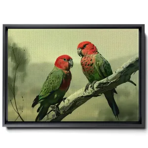Two Colorful Birds Are Perched On Top Of A Stem And Flowering Plants, In The Style Red And Emerald, Light Emerald And Red, Delicate Markings, Nature Wall Art, Decor Canvas