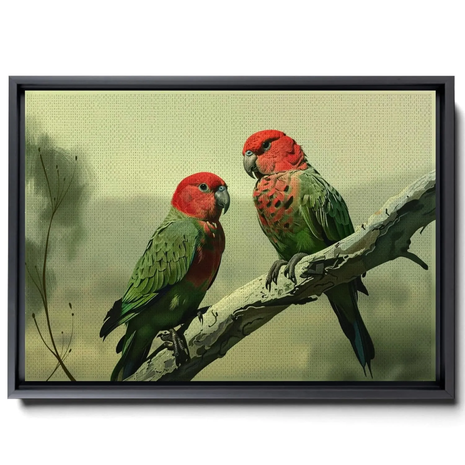 Two Colorful Birds Are Perched On Top Of A Stem And Flowering Plants, In The Style Red And Emerald, Light Emerald And Red, Delicate Markings, Nature Wall Art, Decor Canvas