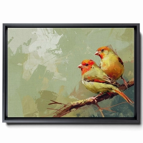 Two Colorful Birds Are Perched On Top Of A Stem And Flowering Plants, In The Style Red And Emerald, Light Emerald And Red, Delicate Markings, Art For Living Room, Canvas