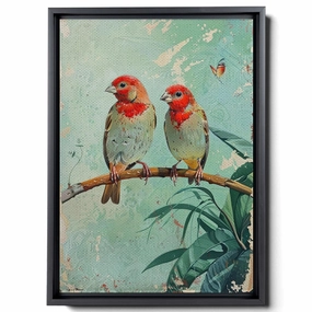 Two Colorful Birds Are Perched On Top Of A Stem And Flowering Plants, In The Style Red And Emerald, Light Emerald And Red, Delicate Markings, Art For Living Room, Canvas