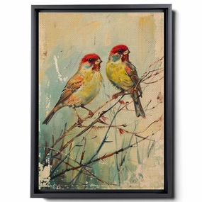 Two Colorful Birds Are Perched On Top Of A Stem And Flowering Plants, In The Style Red And Emerald, Light Emerald And Red, Delicate Markings, Art For Living Room, Decor Canvas
