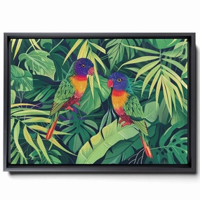 Two Colorful Birds Are Perched On Top Of A Stem And Flowering Plants, In The Style Red And Emerald, Light Emerald And Red, Delicate Markings, Boho Wall Art, Canvas