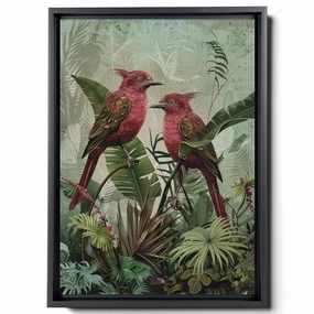 Two Colorful Birds Are Perched On Top Of A Stem And Flowering Plants, In The Style Red And Emerald, Light Emerald And Red, Delicate Markings, Boho Wall Art, Canvas