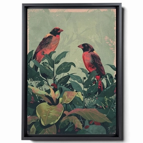 Two Colorful Birds Are Perched On Top Of A Stem And Flowering Plants, In The Style Red And Emerald, Light Emerald And Red, Delicate Markings, Boho Wall Art, Canvas Prints
