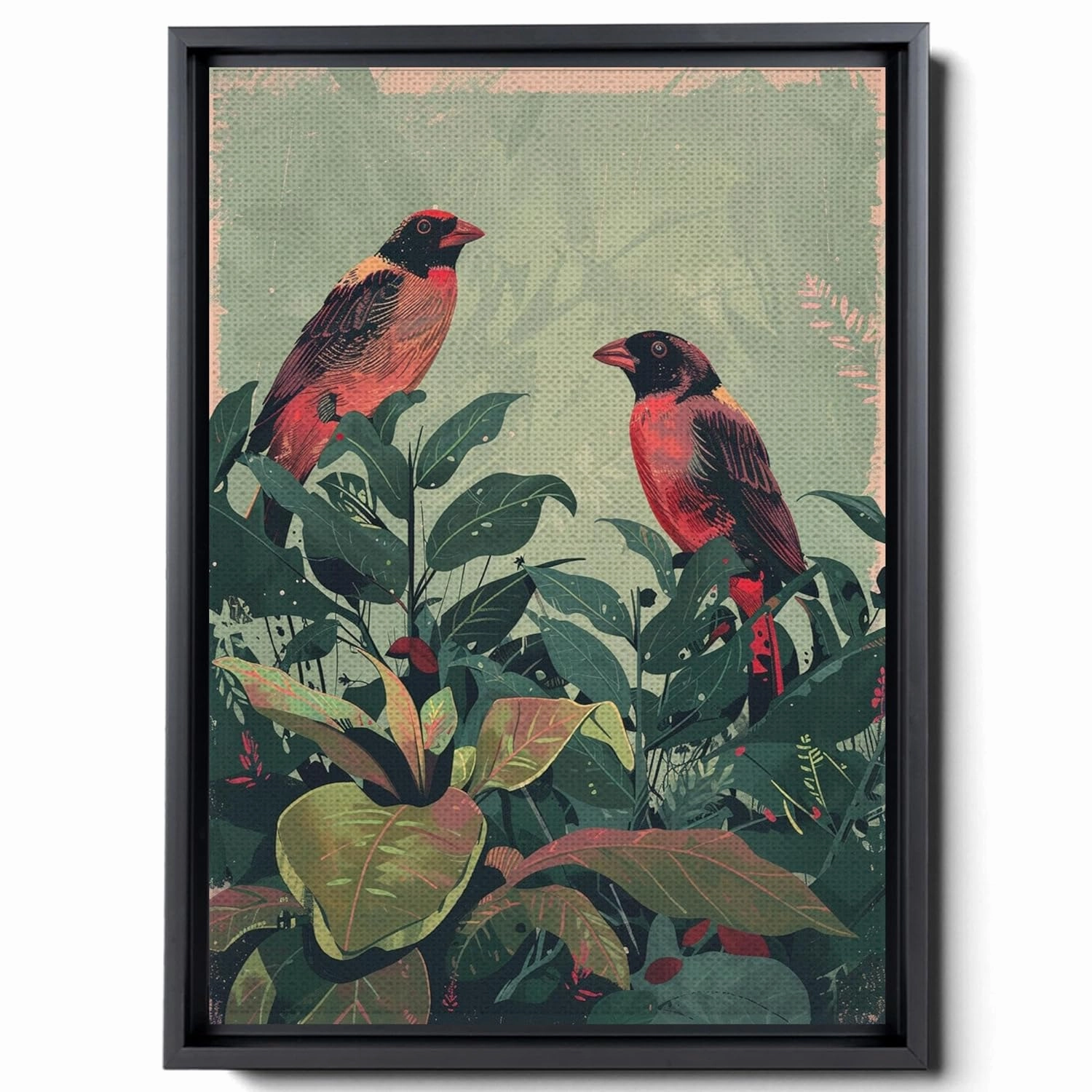 Two Colorful Birds Are Perched On Top Of A Stem And Flowering Plants, In The Style Red And Emerald, Light Emerald And Red, Delicate Markings, Boho Wall Art, Canvas Prints