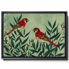 Two Colorful Birds Are Perched On Top Of A Stem And Flowering Plants, In The Style Red And Emerald, Light Emerald And Red, Delicate Markings, Boho Wall Art, Decor Canvas