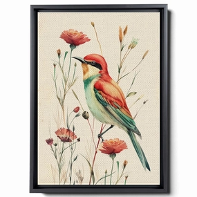 Two Colorful Birds Are Perched On Top Of A Stem And Flowering Plants, In The Style Red And Emerald, Light Emerald And Red, Delicate Markings, Bright Wall Art, Canvas