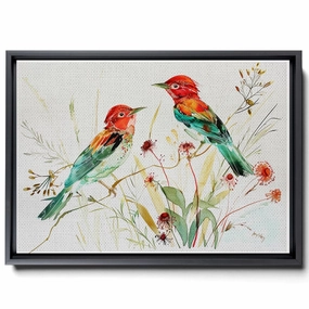 Two Colorful Birds Are Perched On Top Of A Stem And Flowering Plants, In The Style Red And Emerald, Light Emerald And Red, Delicate Markings, Bright Wall Art, Canvas