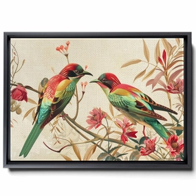 Two Colorful Birds Are Perched On Top Of A Stem And Flowering Plants, In The Style Red And Emerald, Light Emerald And Red, Delicate Markings, Bright Wall Art, Canvas Prints