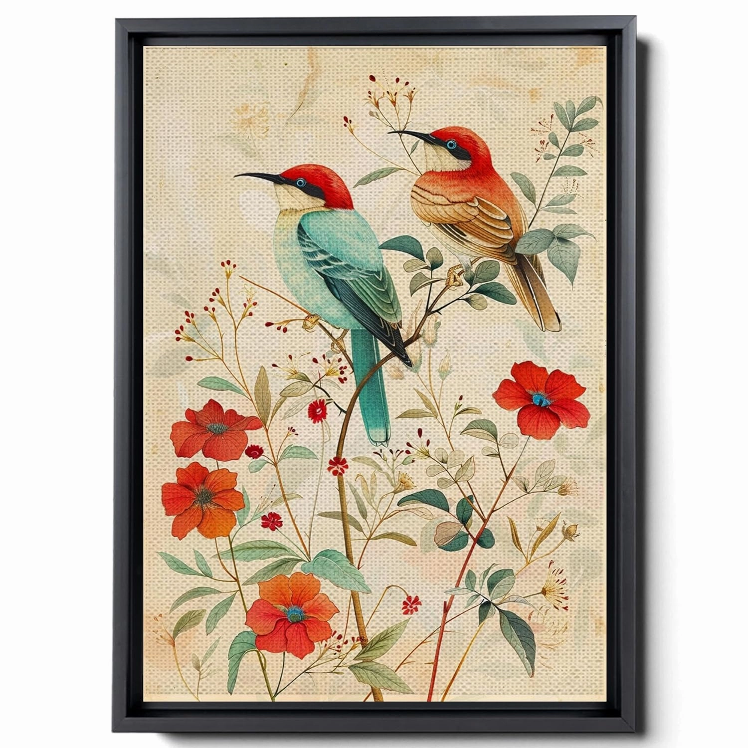 Two Colorful Birds Are Perched On Top Of A Stem And Flowering Plants, In The Style Red And Emerald, Light Emerald And Red, Delicate Markings, Bright Wall Art, Decor Canvas