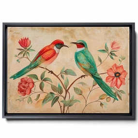 Two Colorful Birds Are Perched On Top Of A Stem And Flowering Plants, In The Style Red And Emerald, Light Emerald And Red, Delicate Markings, Bright Wall Art, Decor Canvas