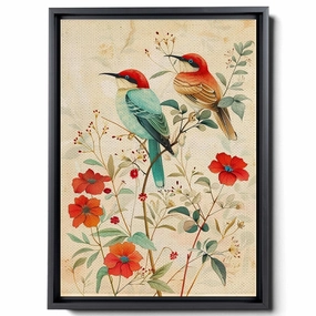 Two Colorful Birds Are Perched On Top Of A Stem And Flowering Plants, In The Style Red And Emerald, Light Emerald And Red, Delicate Markings, Bright Wall Art, Decor Canvas
